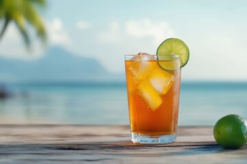 Iced tea with lime on a wooden table at the beach