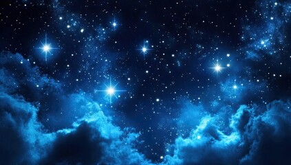 Obraz premium Night sky, a celestial view of stars and clouds. Stars scattered, deep blues and dark colors. Clouds in a dreamy night sky