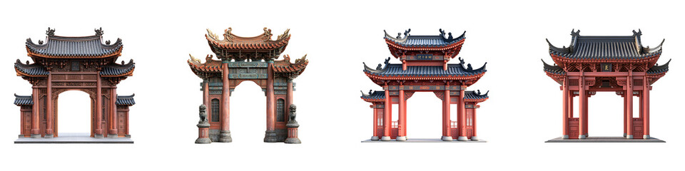 Fototapeta premium Set, group, collection of Chinese temple gate isolated on transparent background.