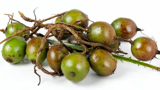 Cluster of unripe green and brown marula fruits still attached to their twig-like stems against a white background