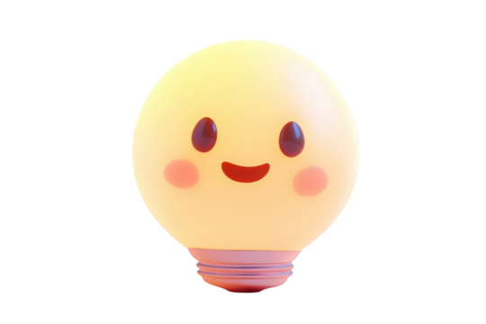 Cute smiling lightbulb cartoon 3d render illustration happy bright yellow on transparent background