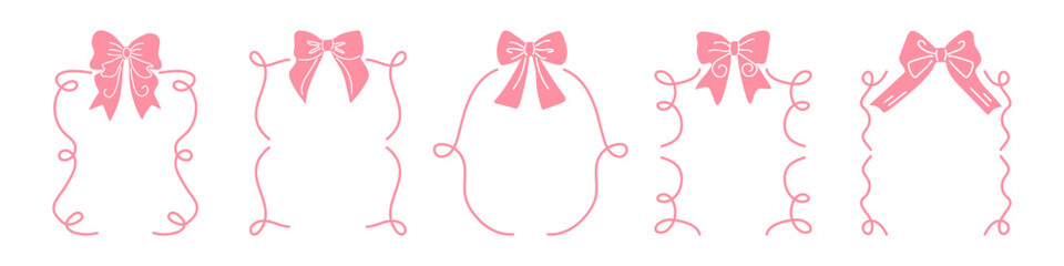 Cute naive frames with bows. Doodle set of pink frames with ribbons.