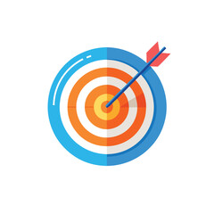 Flat Design Target with Arrow in Bullseye. Orange, Red, Blue, and White Colors