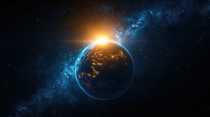 Fototapeta premium Stunning earth sunrise from space with vibrant galaxy and city lights
