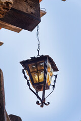 lámpara, alumbrado, calle, farol, cielo, viejo, metal, objeto, antigüedad, azul, antique, farol
