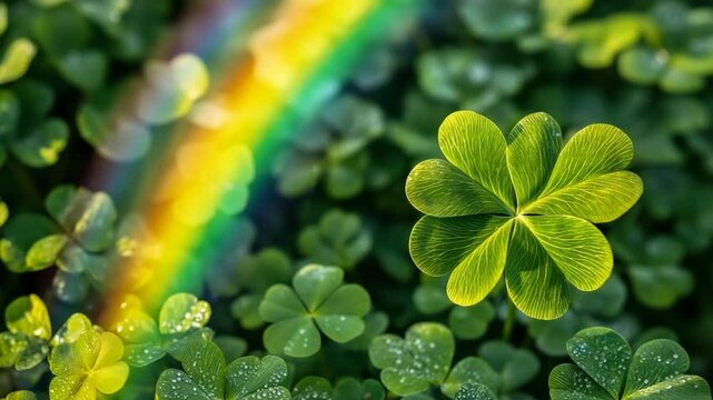 Four leaf clover with rainbow colors, symbol of luck and Irish tradition, shamrocks with water drops on green field