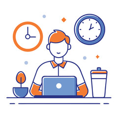 Flat Design Young Man Working at Desk with Laptop, Plant, Coffee & Orange/Blue Clock
