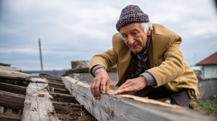 Senior Man Repairing Roof with Wooden Plank Outdoors During Overcast Day