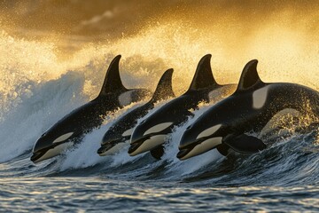 Four orcas playfully ride a wave at sunset, showcasing their sleek, powerful forms.