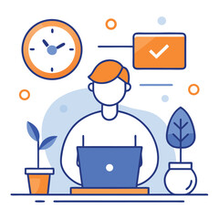 Abstract Person Working on Laptop with Clock, Plant and Check Icon in Outline Style
