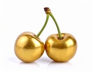 pair of metallic golden cherries on white background 