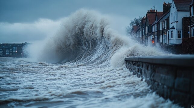 Coastal storm surge crashes against seawall, houses threatened