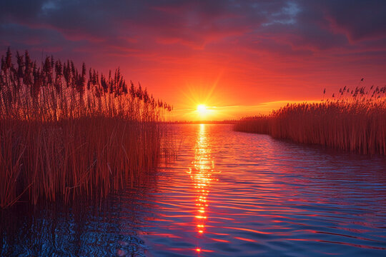 Stunning sunset over tranquil river deltone with fiery glow, dancing reeds, and serene waters creates one sense of peace and closure in one breathtaking natural spectacle  