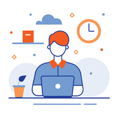 Minimalist Caucasian Man Using Laptop, Clock, Plant, Cloud, Desk