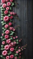 Naklejka premium Pinke Blütenranken mit grünen Blättern ranken sich elegant an einer dunklen Holzoberfläche empor – perfekt für Einladungen oder Hintergründe.