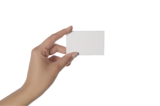 Womans hand holding a blank white business card mockup isolated show black on transparent background