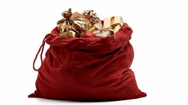 Festive red sack filled with assorted wrapped gift packages and bauble, sitting on a white background conveys gift giving season.