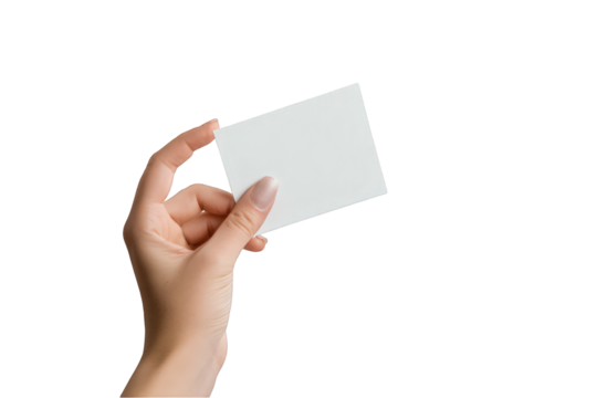 Woman hand holding blank white card mockup isolated on paper clean image on transparent background