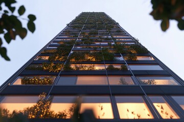 A towering modern building blends vertical gardens and eco-conscious design in the heart of the city