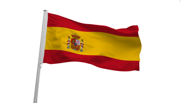 flag of Spain waving in the wind isolated on white or transparent png	
