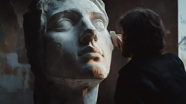 Sculptor shaping marble face