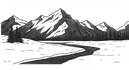 Winter mountain river landscape illustration