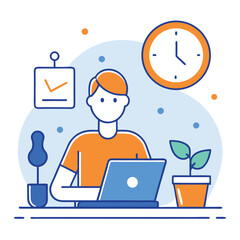 Flat Design Man with Laptop, Clock, Plant, and Checklist on Desk, White Background