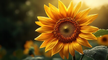 Fototapeta premium Vibrant sunflower blooming in sunlight with dew-drops on petals