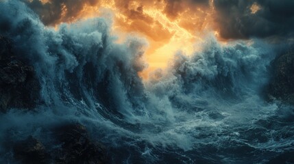 Fototapeta premium Dramatic ocean waves crashing on rocks at sunset