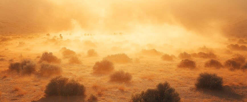 Ethereal landscape featuring desert vegetation under a hazy golden light