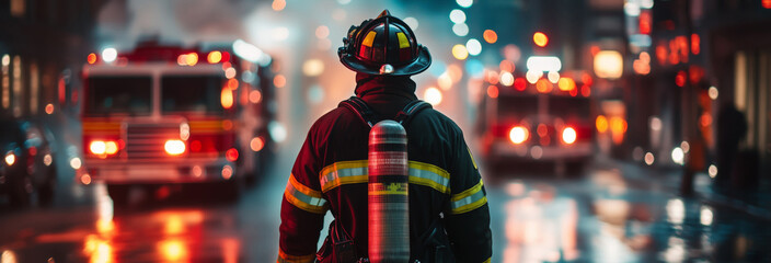 A firefighter in full gear stands in a city street