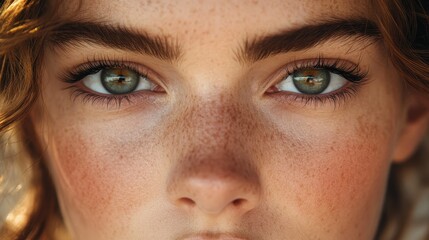 Fototapeta premium Close-up of female caucasian young adult's freckled face and intense blue eyes