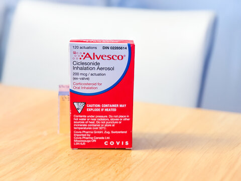 Calgary, Alberta, Canada. Apr 29, 2025. A red and white box of Alvesco Ciclesonide Inhalation Aerosol (200 mcg actuation) for oral inhalation and It contains 120 actuations.