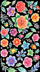 floral pattern hand drawn botanical. flowers roses on black background	
