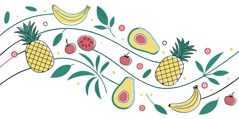 Colourful Tropical Fruits Composition Featuring Bananas, Pineapples, Leaves, and Dotted Accents