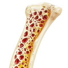 An intricate cross-section of human bone marrow vividly displays the spongy cancellous tissue filled with red marrow, isolated on a clean white background for precise anatomical and educational uses.