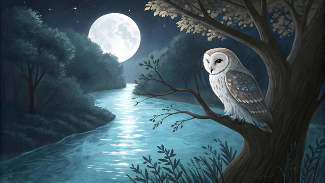 a owle sit on tree bank a bleu river in moon light