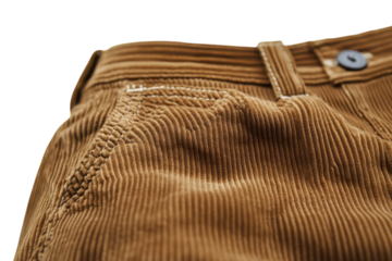 Rich brown corduroy pants detail showcasing textured fabric classic pocket design and warm autumnal