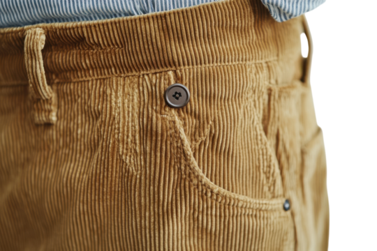Detailed corduroy pants close up autumnal tan hues textured fabric button detail soft light