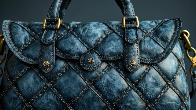 Indigo blue leather handbag with patchwork design