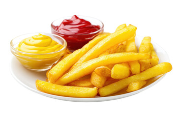 Delicious golden french fries with ketchup and mustard dips red eat food on transparent background