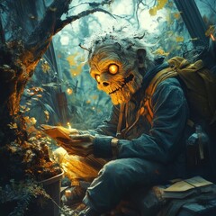 Zombie explorer reads in mystical forest