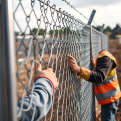 workers hands build sturdy cyclone fence, The fence features galvanized steel posts and chain-link mesh, close up shoot