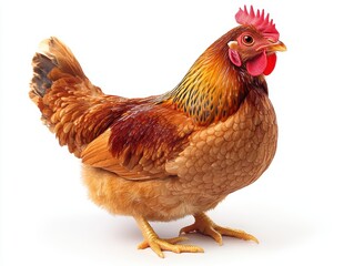 Fototapeta premium A vibrant chicken standing proudly on a white background, showcasing its feathers