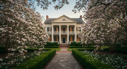 Obraz premium Magnolia Manor Awaits with Classic Architecture and Garden in Bloom