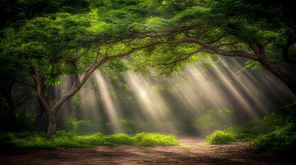 Obraz premium Sunlight streams through a verdant forest canopy.