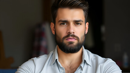 Obraz premium Handsome young man with bear wearing casual shirt relaxed with serious expression on face. simple and natural looking at the camera.