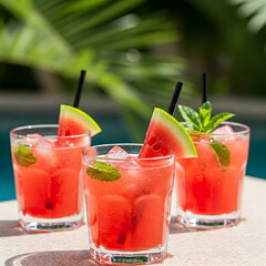 Refreshing red-pink summer drinks with crushed ice and mint, styled by the pool for a tropical vacation vibe.