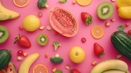 Overhead shot of colorful fruits and vegetables scattered on a vibrant pink surface background view