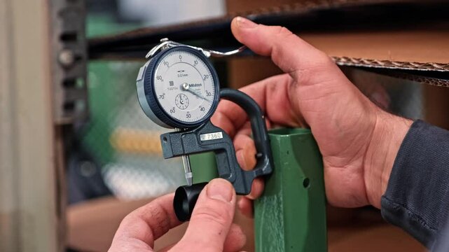 Technician Measuring Material Thickness with Dial Gauge

